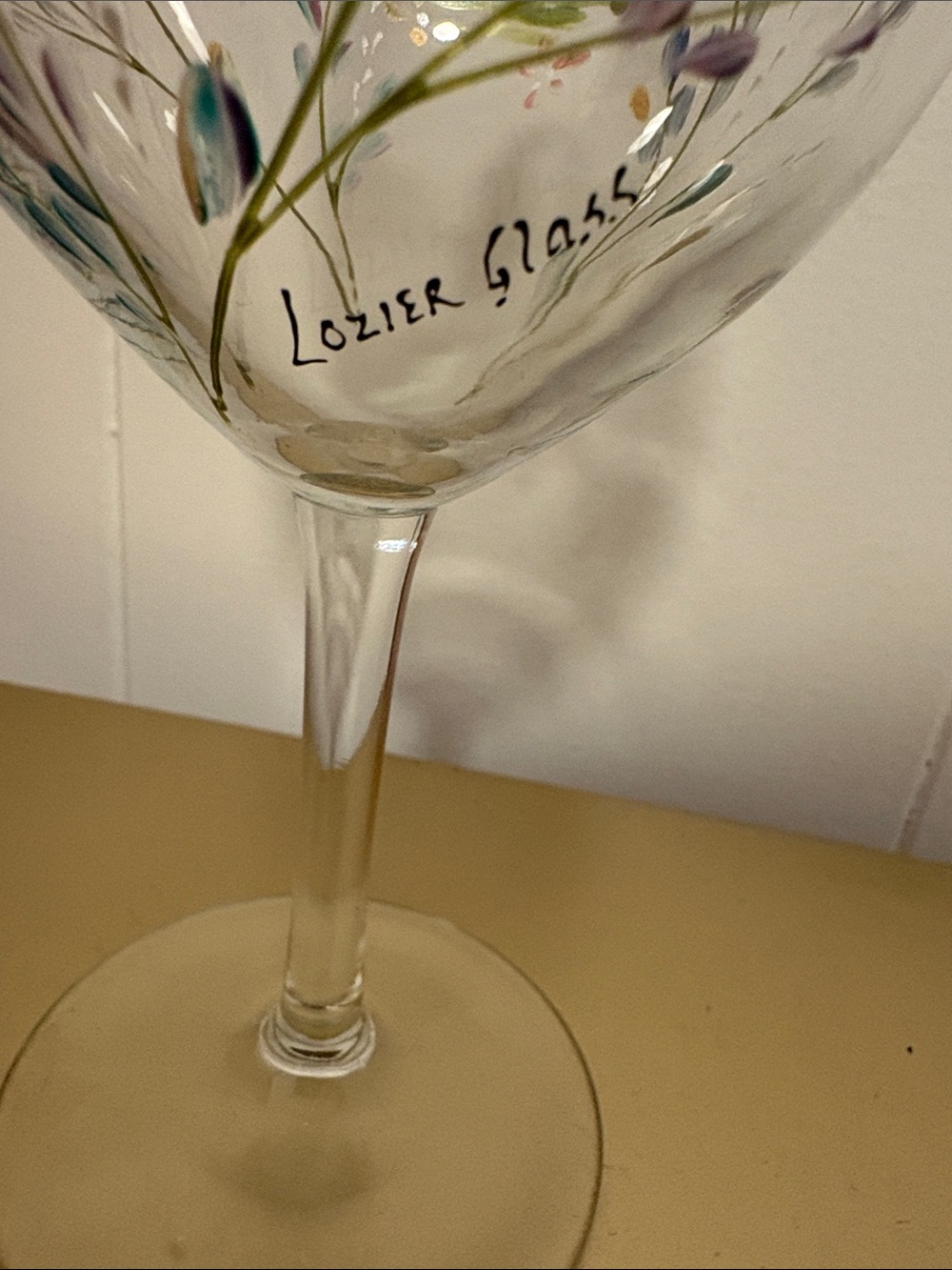 Lozier Glass Hand-Painted Gnome and Floral Wine Glass in Teal & Purple - Picture 4 of 4